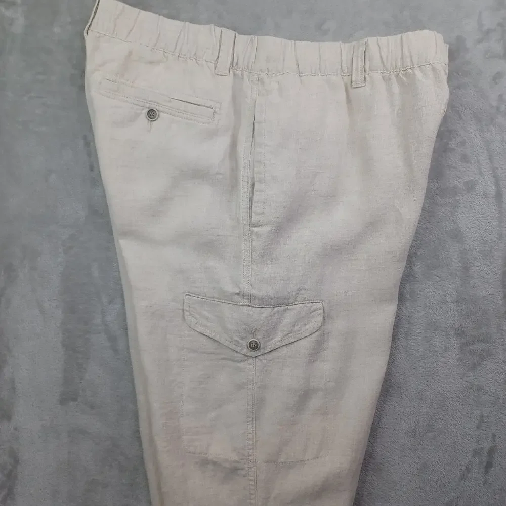 Caribbean 100% Linen Cargo Pants Men's 36x30 Beige Drawstring Coastal Straight